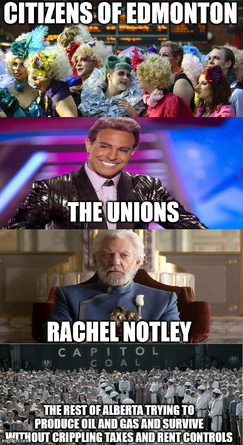 Alberta | CITIZENS OF EDMONTON; THE UNIONS; RACHEL NOTLEY; THE REST OF ALBERTA TRYING TO PRODUCE OIL AND GAS AND SURVIVE WITHOUT CRIPPLING TAXES AND RENT CONTROLS | image tagged in rachel notley,cupe,ndp,edmonton,alberta,ucp | made w/ Imgflip meme maker