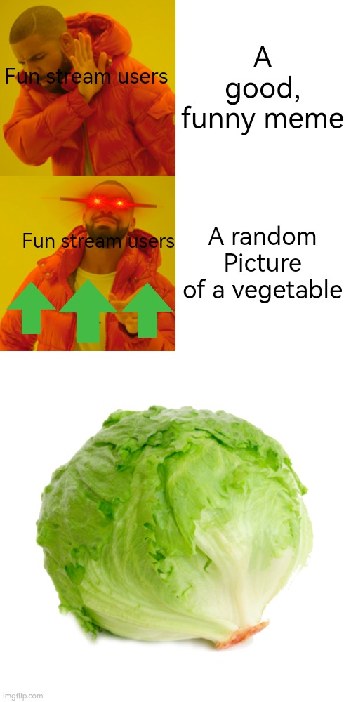 Drake Hotline Bling | A good, funny meme; Fun stream users; A random Picture of a vegetable; Fun stream users | image tagged in memes,drake hotline bling | made w/ Imgflip meme maker