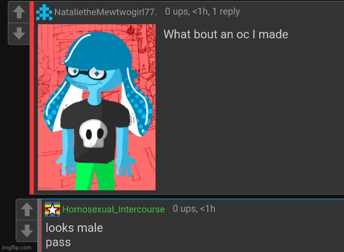 Now that I realized despite skatez being genderless due to being a blood cell they do look sorta male tho :skull: | made w/ Imgflip meme maker