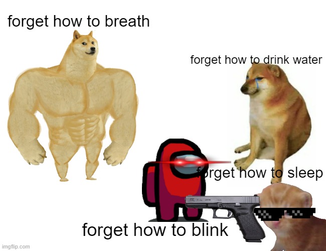 INSOMNIA | forget how to breath; forget how to drink water; forget how to sleep; forget how to blink | image tagged in memes,buff doge vs cheems | made w/ Imgflip meme maker