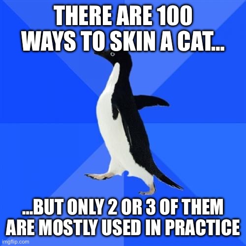 Socially Awkward Penguin | THERE ARE 100 WAYS TO SKIN A CAT…; …BUT ONLY 2 OR 3 OF THEM ARE MOSTLY USED IN PRACTICE | image tagged in memes,socially awkward penguin,AdviceAnimals | made w/ Imgflip meme maker