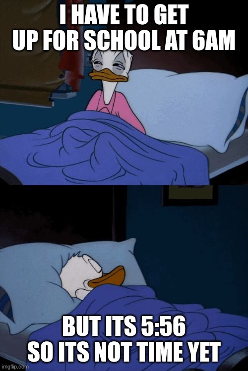 Sleeping Donald Duck | I HAVE TO GET UP FOR SCHOOL AT 6AM; BUT ITS 5:56 SO ITS NOT TIME YET | image tagged in sleeping donald duck,school morning,meme | made w/ Imgflip meme maker