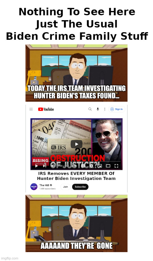IRS Removes EVERY MEMBER Of Hunter Biden Investigation Team | image tagged in joe biden,biden crime family,irs,doj,suspicious activity reports,government corruption | made w/ Imgflip meme maker