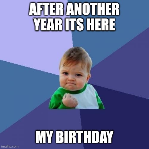 Finally | AFTER ANOTHER YEAR ITS HERE; MY BIRTHDAY | image tagged in memes,success kid | made w/ Imgflip meme maker