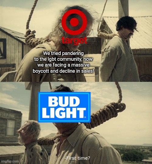 First Bud Light went woke and went broke, now Target | We tried pandering to the lgbt community, now we are facing a massive boycott and decline in sales! | image tagged in first time,target,bud light,lgbtq,stupid liberals,boycott | made w/ Imgflip meme maker