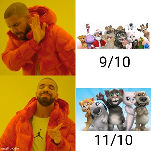 Talking Tom And Friends Clasifications | 9/10; 11/10 | image tagged in memes,drake hotline bling | made w/ Imgflip meme maker
