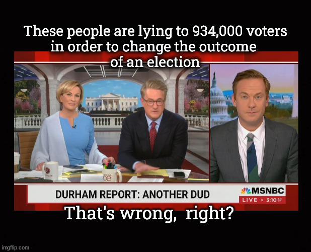 Lying to 934,000 voters in order to change the outcome of an election | These people are lying to 934,000 voters
in order to change the outcome 
of an election; That's wrong,  right? | image tagged in morning joe,joe scarborough,mika brzezinski,msnbc,leftwing media | made w/ Imgflip meme maker