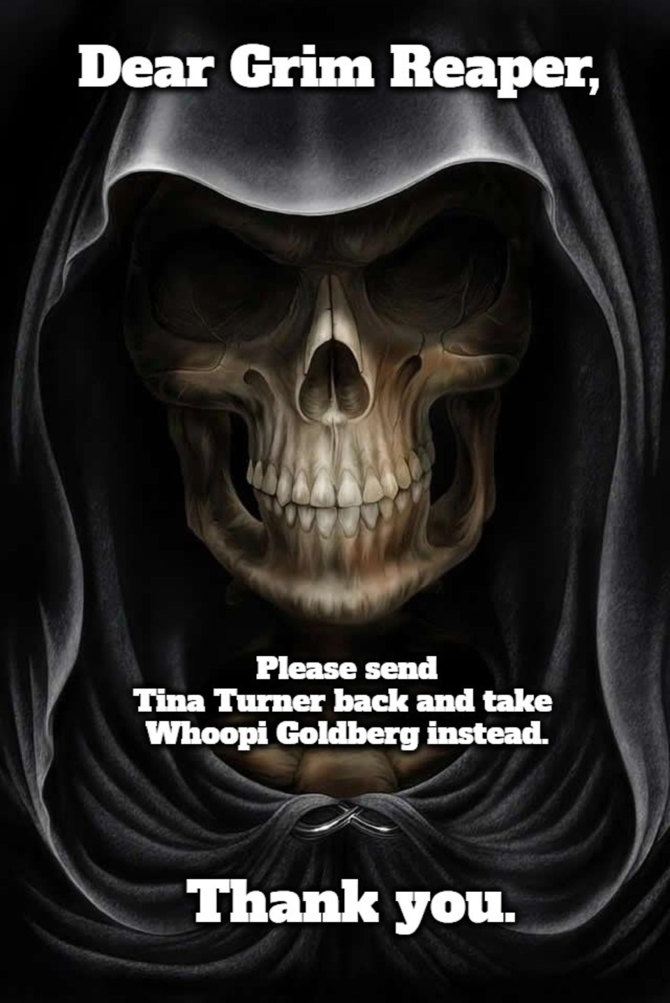 Dear Grim Reaper | image tagged in grim reaper knocking door,send tina turner back,whoopi goldberg,death knocking at the door,extra-hell | made w/ Imgflip meme maker