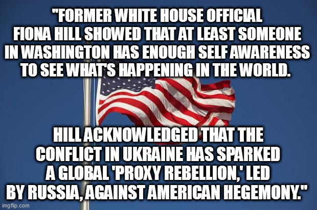 US Flag | "FORMER WHITE HOUSE OFFICIAL FIONA HILL SHOWED THAT AT LEAST SOMEONE IN WASHINGTON HAS ENOUGH SELF AWARENESS TO SEE WHAT'S HAPPENING IN THE WORLD. HILL ACKNOWLEDGED THAT THE CONFLICT IN UKRAINE HAS SPARKED A GLOBAL 'PROXY REBELLION,' LED BY RUSSIA, AGAINST AMERICAN HEGEMONY." | image tagged in us flag | made w/ Imgflip meme maker