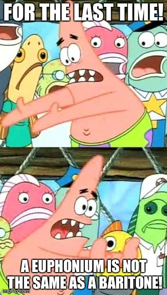 Put It Somewhere Else Patrick Meme | FOR THE LAST TIME! A EUPHONIUM IS NOT THE SAME AS A BARITONE! | image tagged in memes,put it somewhere else patrick | made w/ Imgflip meme maker