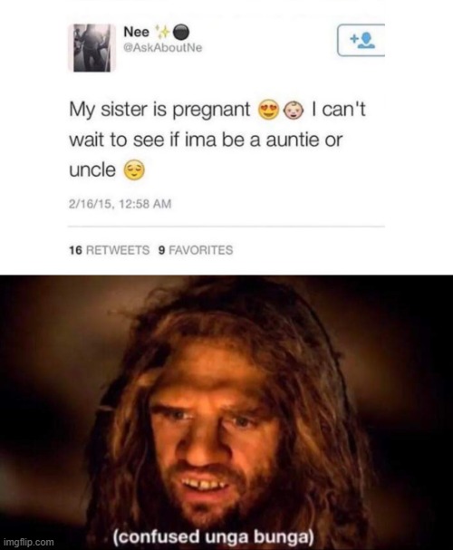 I hope they're gonna be an uncle | image tagged in confused unga bunga,pregnancy,aunt,uncle | made w/ Imgflip meme maker