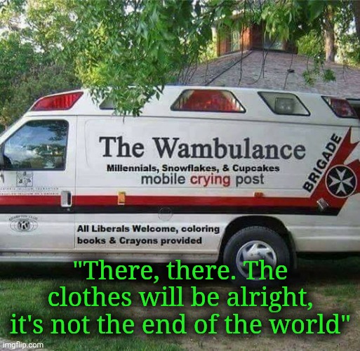 Wambulance | "There, there. The clothes will be alright, it's not the end of the world" | image tagged in wambulance | made w/ Imgflip meme maker