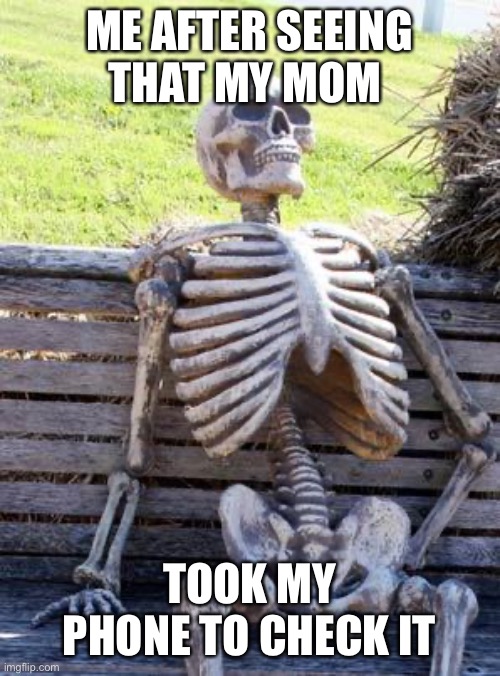 Waiting Skeleton | ME AFTER SEEING THAT MY MOM; TOOK MY PHONE TO CHECK IT | image tagged in memes,waiting skeleton | made w/ Imgflip meme maker