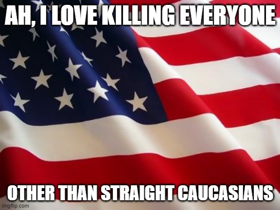 *satire* | AH, I LOVE KILLING EVERYONE; OTHER THAN STRAIGHT CAUCASIANS | image tagged in american flag,'murica | made w/ Imgflip meme maker