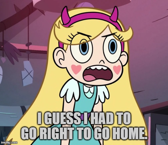 Star Butterfly frustrated | I GUESS I HAD TO GO RIGHT TO GO HOME. | image tagged in star butterfly frustrated | made w/ Imgflip meme maker