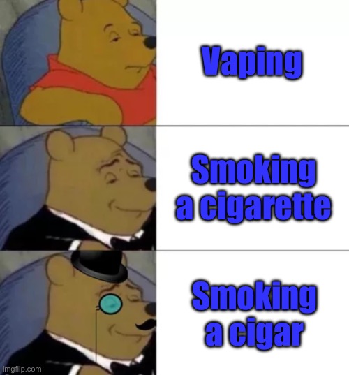 Fancy pooh | Vaping; Smoking a cigarette; Smoking a cigar | image tagged in fancy pooh | made w/ Imgflip meme maker
