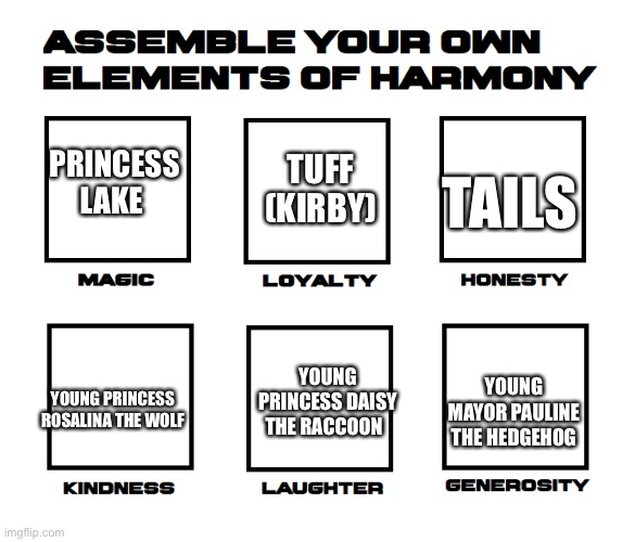 The elements of hope! | TUFF (KIRBY); TAILS; PRINCESS LAKE; YOUNG PRINCESS DAISY THE RACCOON; YOUNG MAYOR PAULINE THE HEDGEHOG; YOUNG PRINCESS ROSALINA THE WOLF | image tagged in assemble your own elements of harmony | made w/ Imgflip meme maker