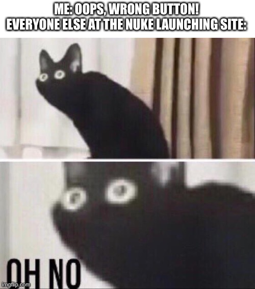 Œ ÑÖ | ME: OOPS, WRONG BUTTON!
EVERYONE ELSE AT THE NUKE LAUNCHING SITE: | image tagged in oh no cat | made w/ Imgflip meme maker