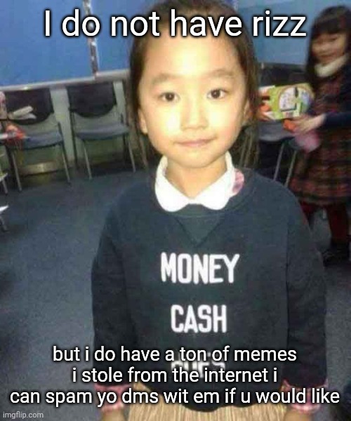 money cash hoes | I do not have rizz; but i do have a ton of memes i stole from the internet i can spam yo dms wit em if u would like | image tagged in money cash hoes | made w/ Imgflip meme maker