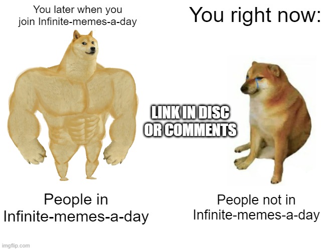 Join Infinite-memes-a-day NOW! https://imgflip.com/m/Infinite-memes-a-day | You later when you join Infinite-memes-a-day; You right now:; LINK IN DISC OR COMMENTS; People in Infinite-memes-a-day; People not in Infinite-memes-a-day | image tagged in memes,buff doge vs cheems | made w/ Imgflip meme maker