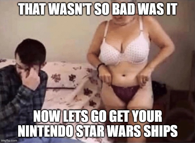 That wasn't so bad | THAT WASN'T SO BAD WAS IT; NOW LETS GO GET YOUR NINTENDO STAR WARS SHIPS | image tagged in that wasn't so bad | made w/ Imgflip meme maker