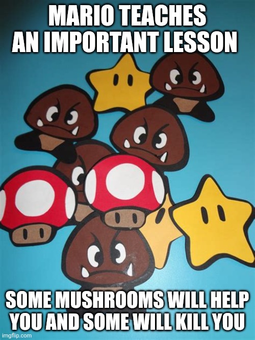 Mario life lessons | MARIO TEACHES AN IMPORTANT LESSON; SOME MUSHROOMS WILL HELP YOU AND SOME WILL KILL YOU | image tagged in mushrooms goombas and stars | made w/ Imgflip meme maker