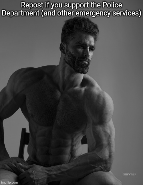 Giga Chad | Repost if you support the Police Department (and other emergency services) | image tagged in giga chad | made w/ Imgflip meme maker