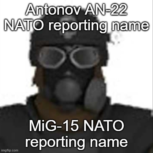 Epsilon-11 staring but its the one from SCP: Containment Breach | Antonov AN-22 NATO reporting name; MiG-15 NATO reporting name | image tagged in epsilon-11 staring but its the one from scp containment breach | made w/ Imgflip meme maker