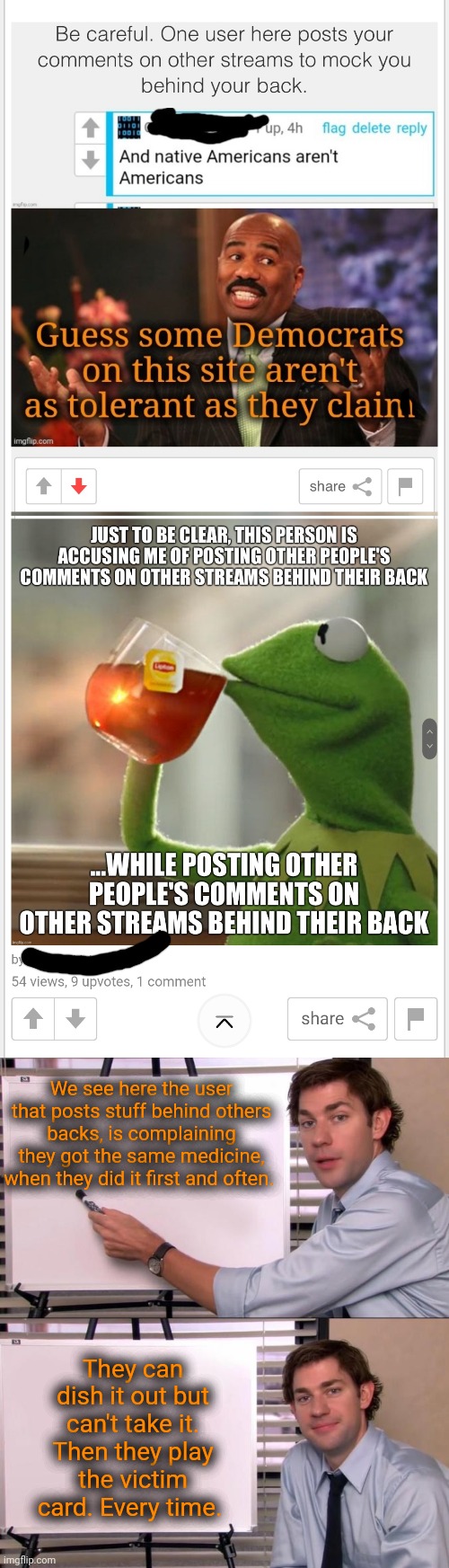 If a Conservative stream user does this in other streams, the same should go for here. AIso I posted it here where they'd see it | We see here the user that posts stuff behind others backs, is complaining they got the same medicine, when they did it first and often. They can dish it out but can't take it. Then they play the victim card. Every time. | image tagged in jim halpert explains | made w/ Imgflip meme maker