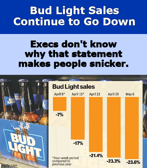 Bud Light Sales Continue to Go Down | image tagged in budweiser,bud light,beer,sales,bad pun,memes | made w/ Imgflip meme maker