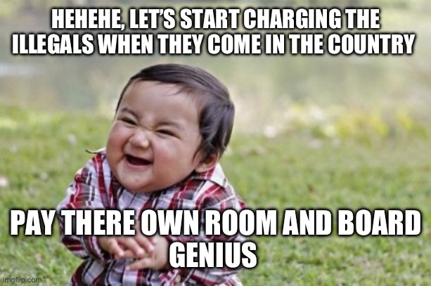 Genius kid | HEHEHE, LET’S START CHARGING THE ILLEGALS WHEN THEY COME IN THE COUNTRY; PAY THERE OWN ROOM AND BOARD
GENIUS | image tagged in memes,toddler | made w/ Imgflip meme maker