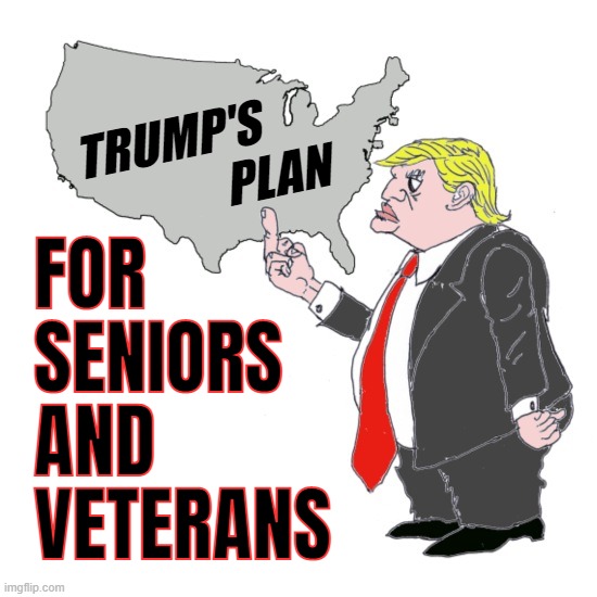 trumps plan... | TRUMP'S        
             PLAN; FOR
SENIORS
AND
VETERANS | made w/ Imgflip meme maker