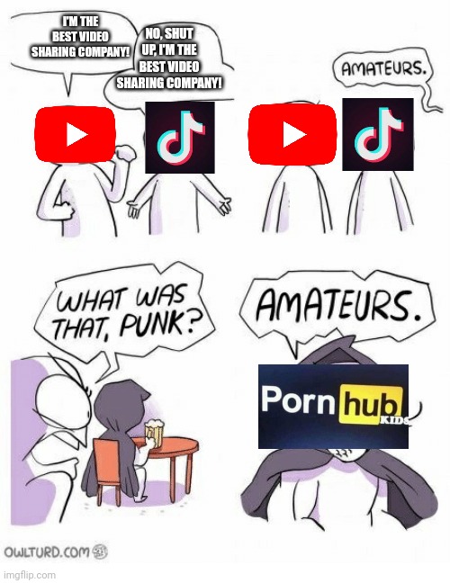 Amateurs | I'M THE BEST VIDEO SHARING COMPANY! NO, SHUT UP, I'M THE BEST VIDEO SHARING COMPANY! | image tagged in amateurs | made w/ Imgflip meme maker