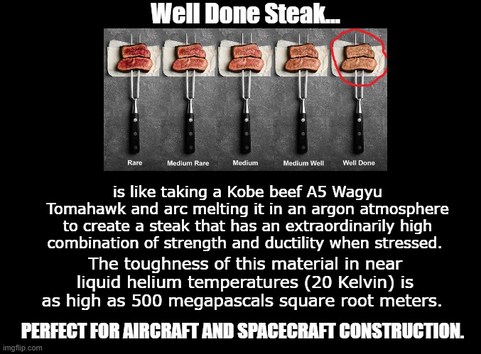 Well Done Steak is... | Well Done Steak... is like taking a Kobe beef A5 Wagyu Tomahawk and arc melting it in an argon atmosphere to create a steak that has an extraordinarily high combination of strength and ductility when stressed. The toughness of this material in near liquid helium temperatures (20 Kelvin) is as high as 500 megapascals square root meters. PERFECT FOR AIRCRAFT AND SPACECRAFT CONSTRUCTION. | image tagged in blank black,steak,bad joke | made w/ Imgflip meme maker