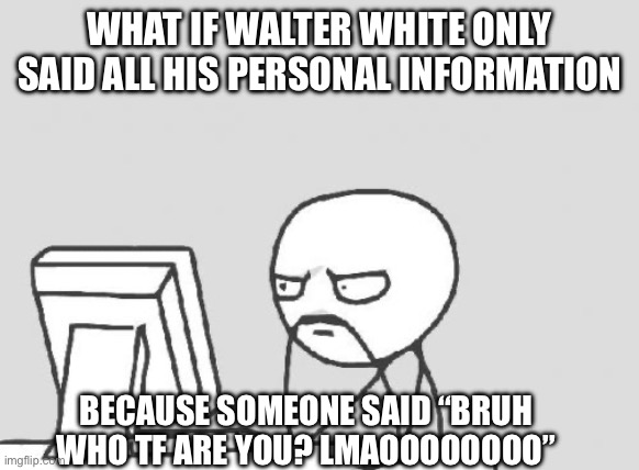 Computer Guy Meme | WHAT IF WALTER WHITE ONLY SAID ALL HIS PERSONAL INFORMATION; BECAUSE SOMEONE SAID “BRUH WHO TF ARE YOU? LMAOOOOOOOO” | image tagged in memes,computer guy | made w/ Imgflip meme maker