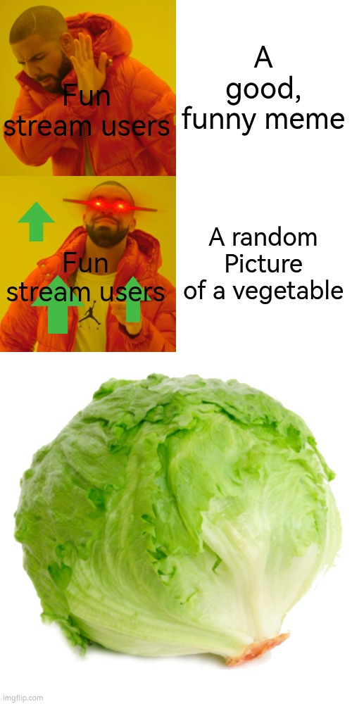 Drake Hotline Bling | A good, funny meme; Fun stream users; A random Picture of a vegetable; Fun stream users | image tagged in memes,drake hotline bling | made w/ Imgflip meme maker