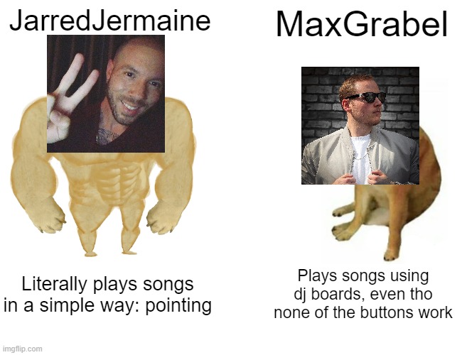 Buff Doge vs. Cheems Meme | JarredJermaine; MaxGrabel; Literally plays songs in a simple way: pointing; Plays songs using dj boards, even tho none of the buttons work | image tagged in memes,buff doge vs cheems,youtube,youtuber,youtube shorts,music | made w/ Imgflip meme maker