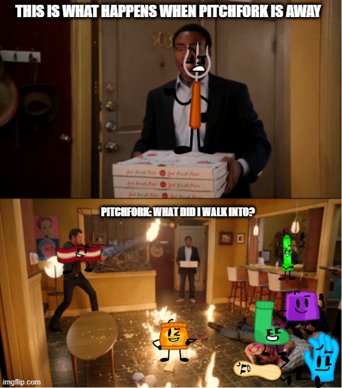REMAKE!!!!!! | THIS IS WHAT HAPPENS WHEN PITCHFORK IS AWAY; PITCHFORK: WHAT DID I WALK INTO? | image tagged in community fire pizza meme | made w/ Imgflip meme maker