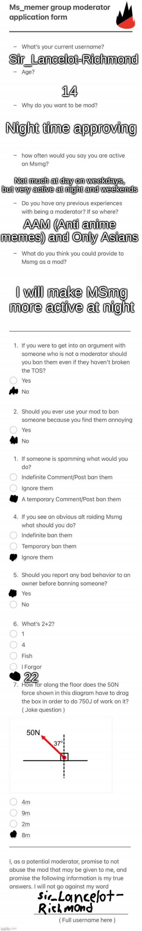 UPDATED MSMG MOD FORM | Sir_Lancelot-Richmond; 14; Night time approving; Not much at day on weekdays, but very active at night and weekends; AAM (Anti anime memes) and Only Asians; I will make MSmg more active at night; 22 | image tagged in updated msmg mod form | made w/ Imgflip meme maker