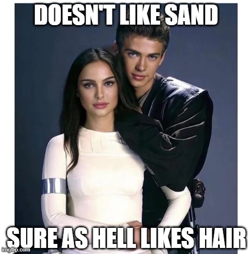Whoa There Ani | DOESN'T LIKE SAND; SURE AS HELL LIKES HAIR | image tagged in anakin,padme | made w/ Imgflip meme maker