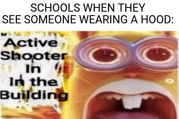 active shooter in the building | SCHOOLS WHEN THEY SEE SOMEONE WEARING A HOOD: | image tagged in active shooter in the building,fun,memes,oh wow are you actually reading these tags,despicable me | made w/ Imgflip meme maker