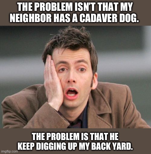 Bad dog | THE PROBLEM ISN’T THAT MY NEIGHBOR HAS A CADAVER DOG. THE PROBLEM IS THAT HE KEEP DIGGING UP MY BACK YARD. | image tagged in face palm | made w/ Imgflip meme maker