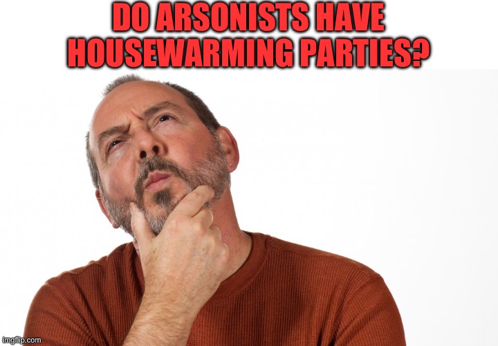 Hmm | DO ARSONISTS HAVE HOUSEWARMING PARTIES? | image tagged in hmmm | made w/ Imgflip meme maker