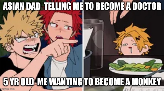 Bakugo yelling at denki | ASIAN DAD  TELLING ME TO BECOME A DOCTOR; 5 YR OLD  ME WANTING TO BECOME A MONKEY | image tagged in bakugo yelling at denki | made w/ Imgflip meme maker
