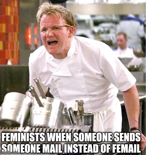 Chef Gordon Ramsay | FEMINISTS WHEN SOMEONE SENDS SOMEONE MAIL INSTEAD OF FEMAIL | image tagged in memes,chef gordon ramsay | made w/ Imgflip meme maker