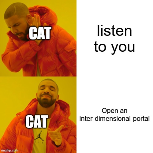 Drake Hotline Bling Meme | listen to you Open an inter-dimensional-portal CAT CAT | image tagged in memes,drake hotline bling | made w/ Imgflip meme maker