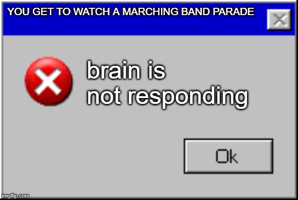 literally me | YOU GET TO WATCH A MARCHING BAND PARADE; brain is not responding | image tagged in windows error message | made w/ Imgflip meme maker