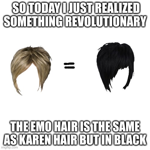 Blank Transparent Square | SO TODAY I JUST REALIZED SOMETHING REVOLUTIONARY; THE EMO HAIR IS THE SAME AS KAREN HAIR BUT IN BLACK | image tagged in memes,blank transparent square | made w/ Imgflip meme maker
