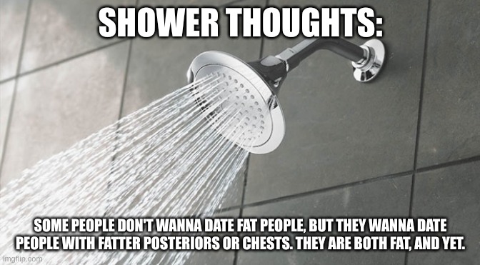 Shower Thoughts | SHOWER THOUGHTS:; SOME PEOPLE DON'T WANNA DATE FAT PEOPLE, BUT THEY WANNA DATE PEOPLE WITH FATTER POSTERIORS OR CHESTS. THEY ARE BOTH FAT, AND YET. | image tagged in shower thoughts | made w/ Imgflip meme maker