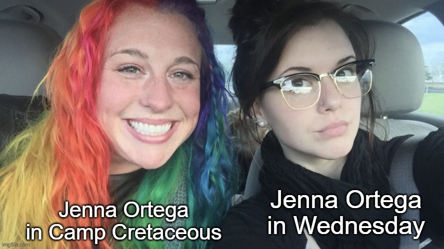 Brooklyn and Wednesday | Jenna Ortega in Camp Cretaceous; Jenna Ortega in Wednesday | image tagged in rainbow hair and goth,jenna ortega,jurassic world,netflix,addams family | made w/ Imgflip meme maker